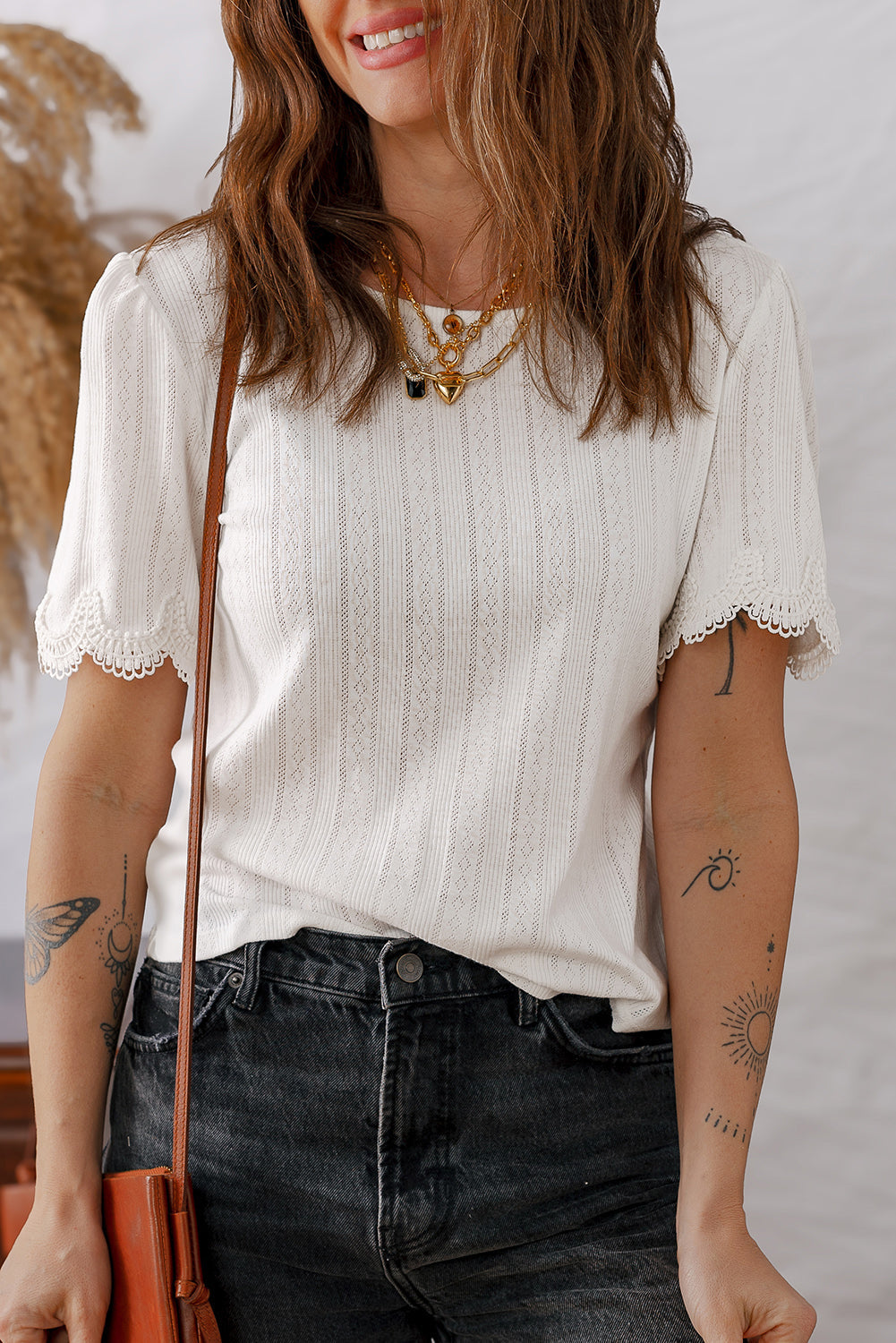 Lace Trim Textured T-Shirt