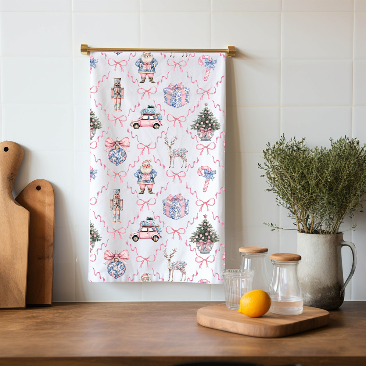 Chinoiserie Christmas dish towels cotton material
Holiday kitchen essentials pink blue design
Christmas cooking towels flour sack cotton