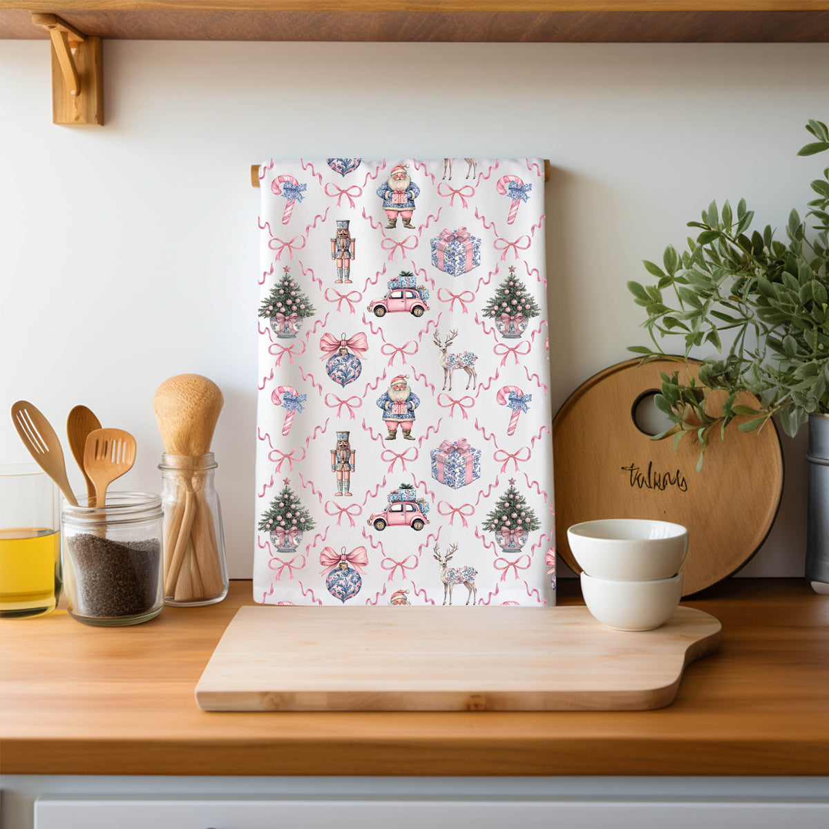 Elegant Christmas kitchen towels chinoiserie style
Vintage inspired holiday kitchen towels pink blue
Traditional Christmas pattern kitchen towels