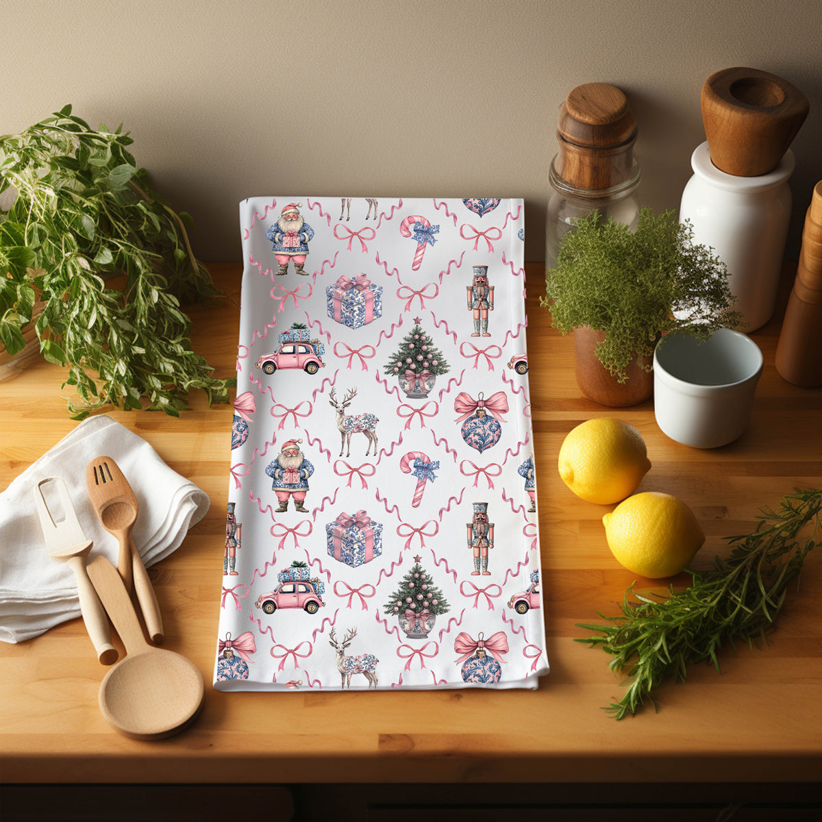 Designer holiday kitchen towels Santa nutcracker pattern
Christmas kitchen accessories pink blue chinoiserie style