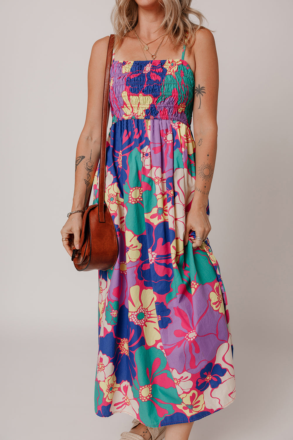 Floral Shirred Spaghetti Strap Maxi Dress