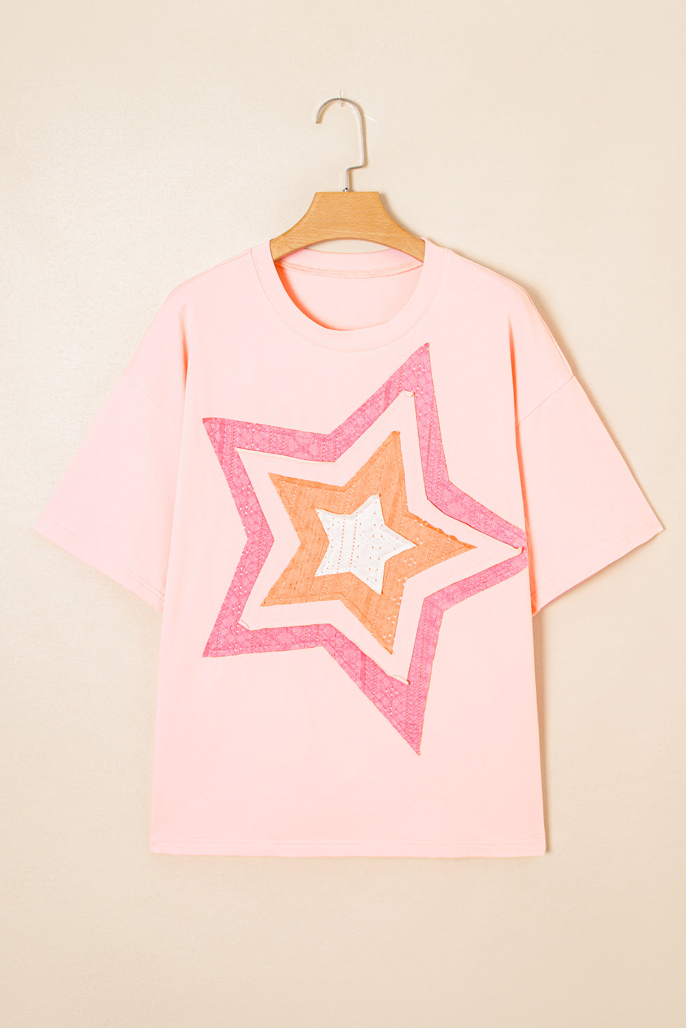 Plus Size Star Eyelet Knit Patchwork T-Shirt