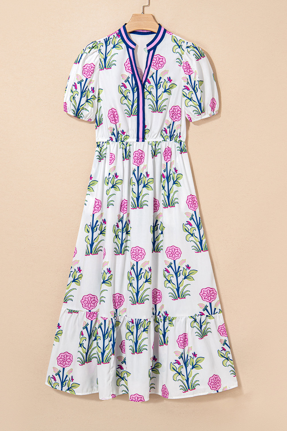 Floral Puff Sleeve V-Neck Midi Dress