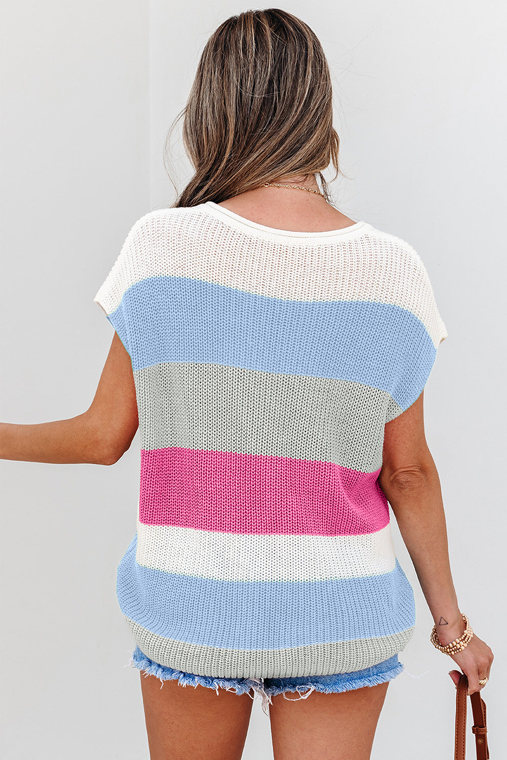 Colorblock Notched V-Neck Sweater T-Shirt