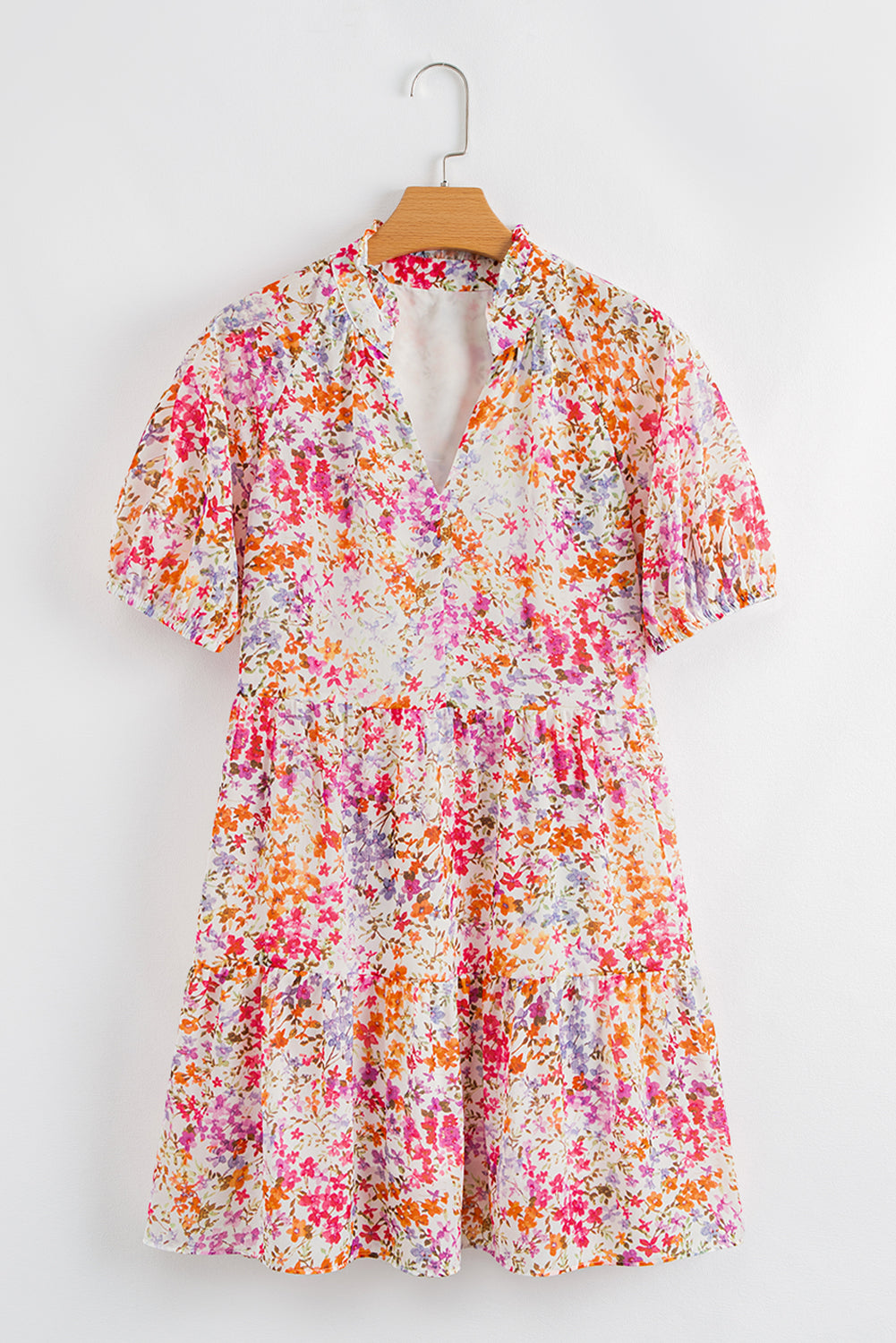 Floral Frilled V-Neck Puff Sleeve Dress