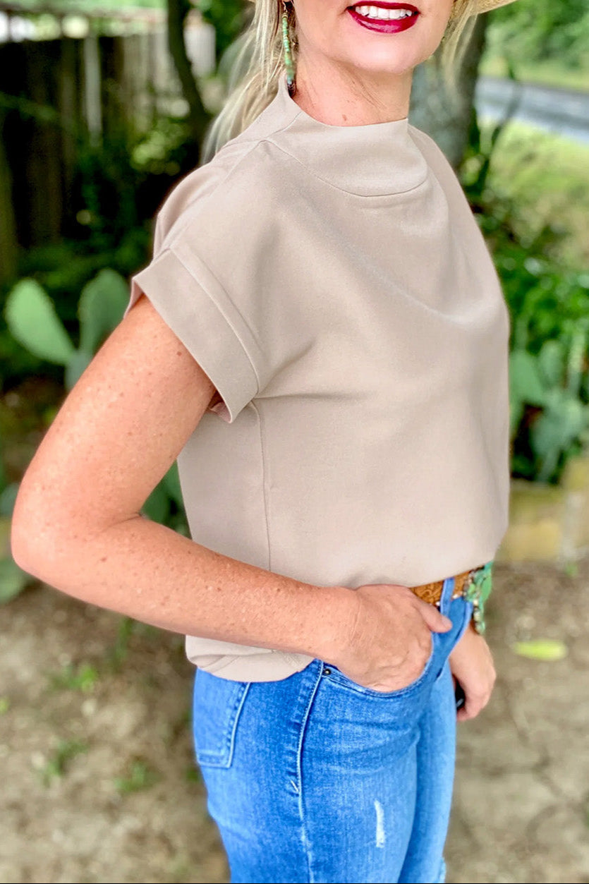 Solid Zip Up Back Crewneck Top