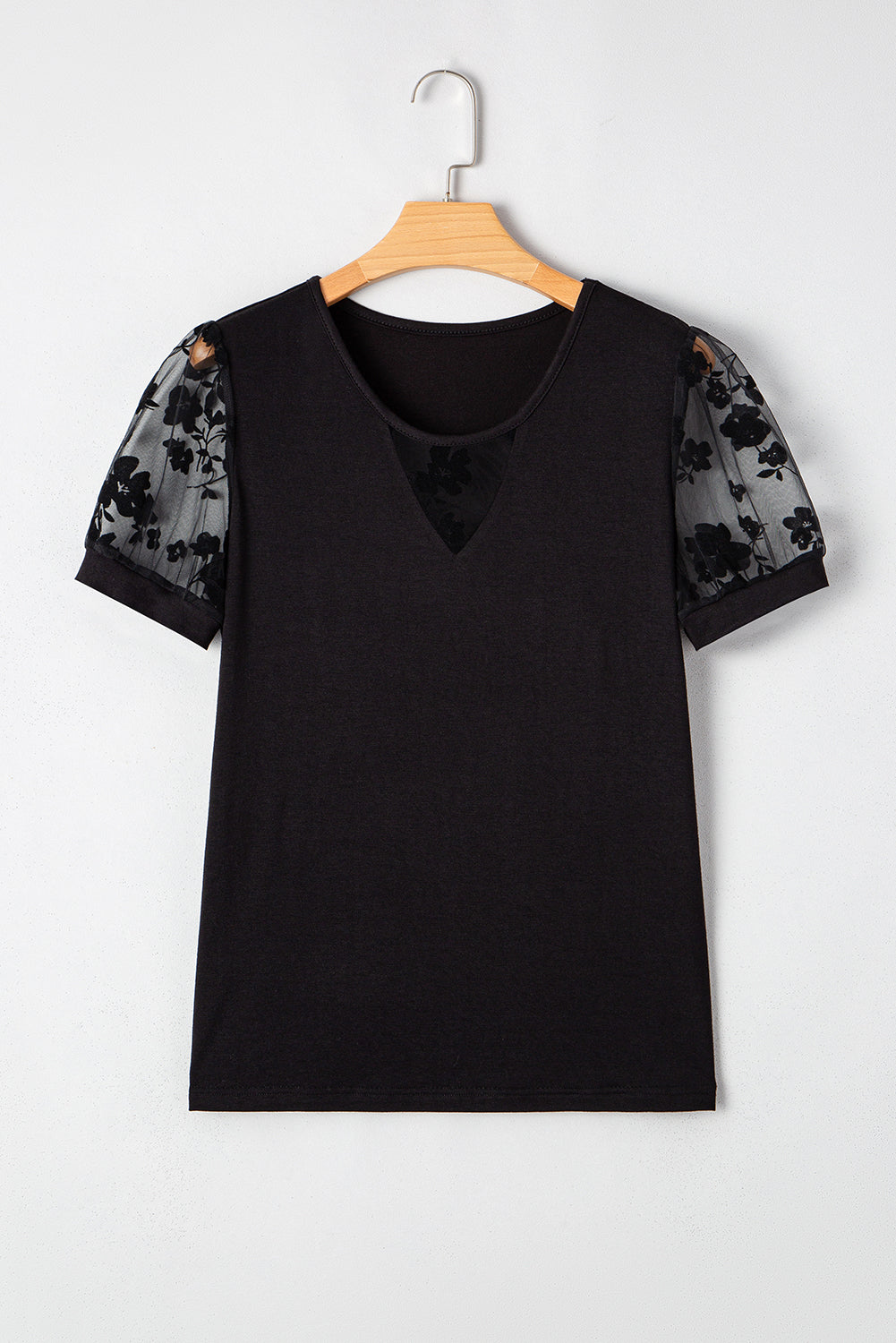 Floral Mesh Patchwork Puff Sleeve T-Shirt