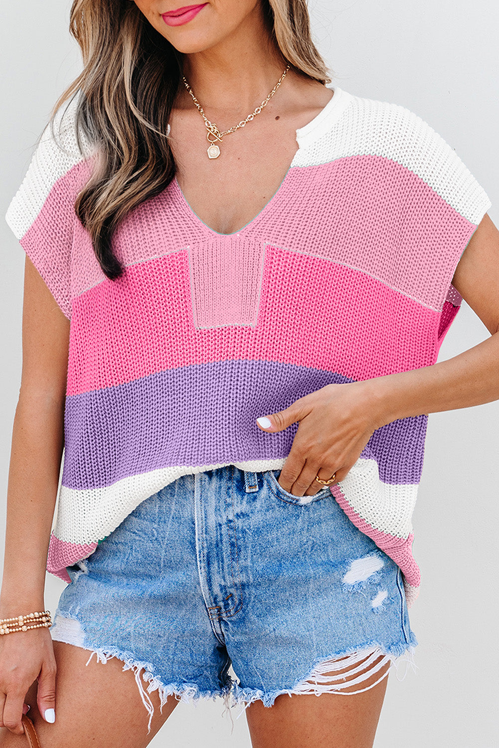 Colorblock Notched V-Neck Sweater T-Shirt