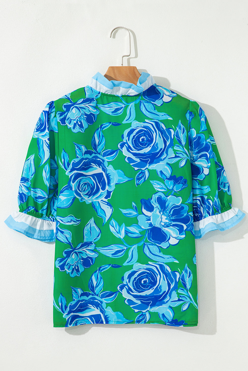 Floral Contrast Frilled V-Neck Blouse