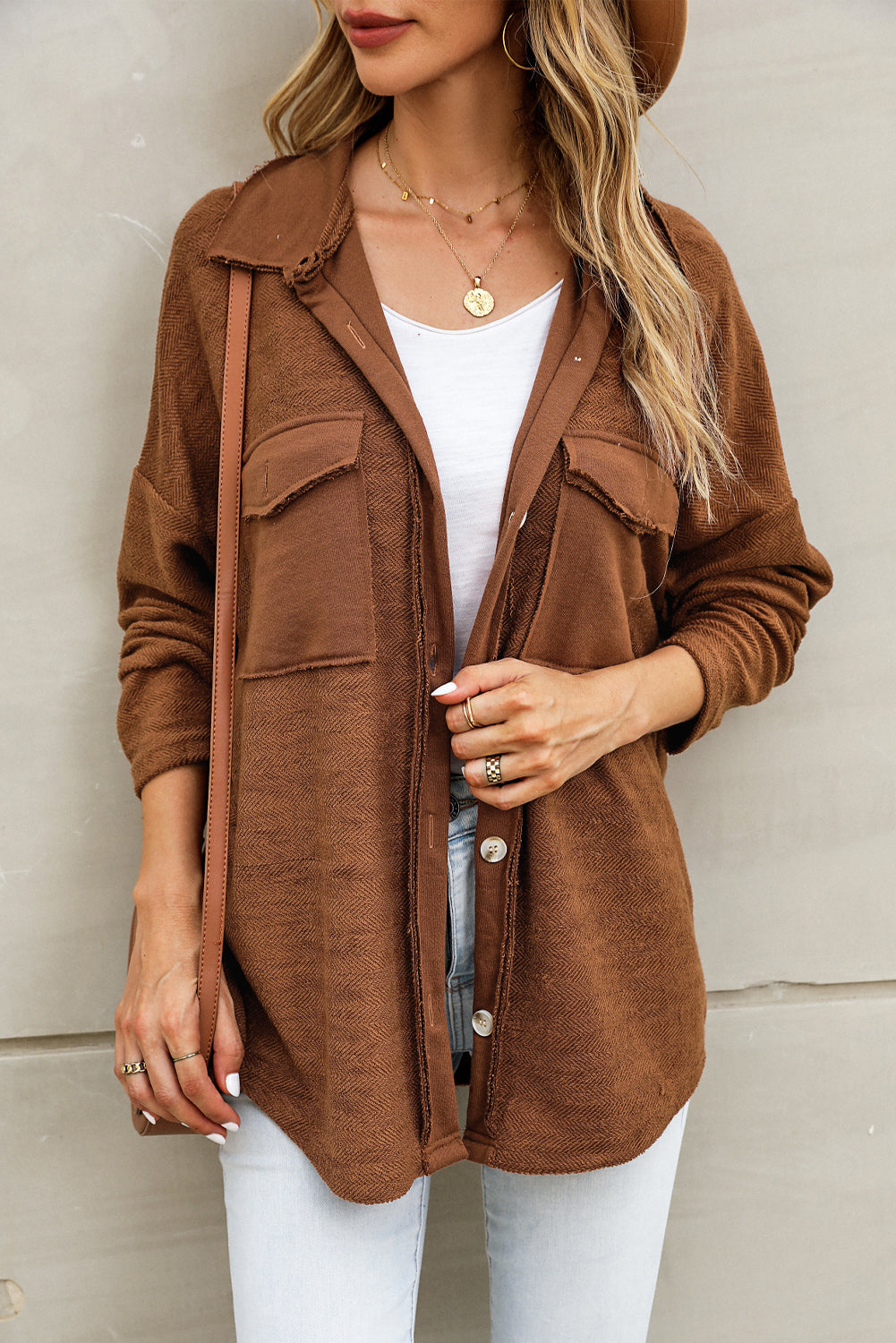 Textured Contrast Flap Pocket Shacket