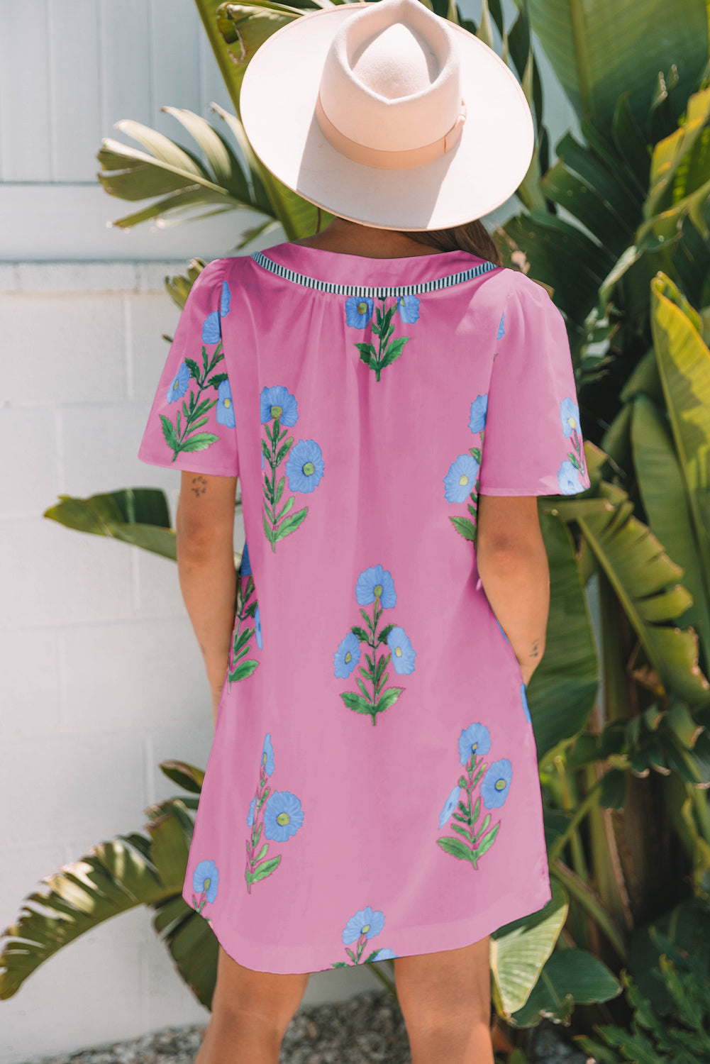Floral Split Neck Mini Dress