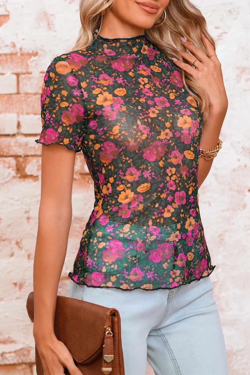 Floral Mesh Short Sleeve Top