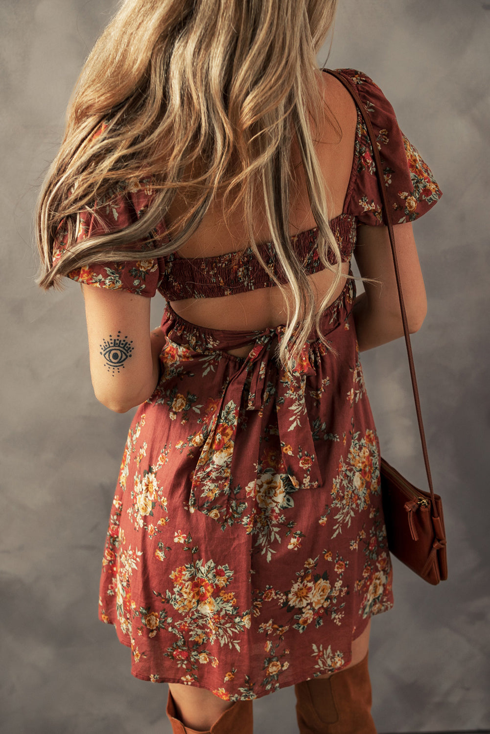 Floral Puff Sleeve Open Back Mini Dress