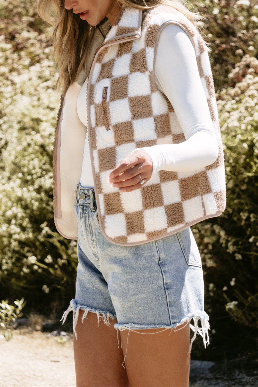 Checker Sherpa Collared Zip Up Vest