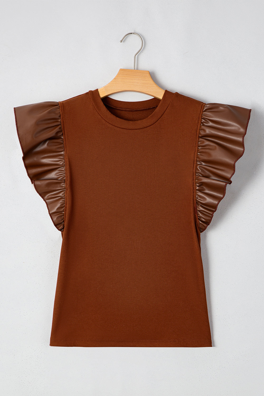 Leather Patchwork Ruffle Sleeve Blouse