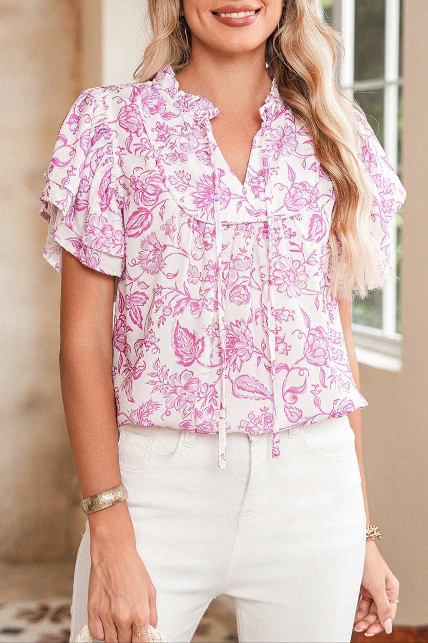 Floral Ruffle Sleeve V-Neck Blouse