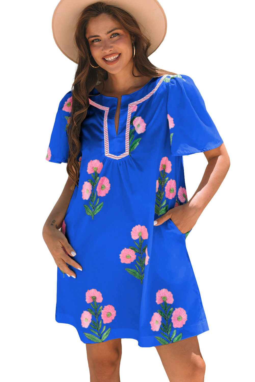 Floral Split Neck Mini Dress