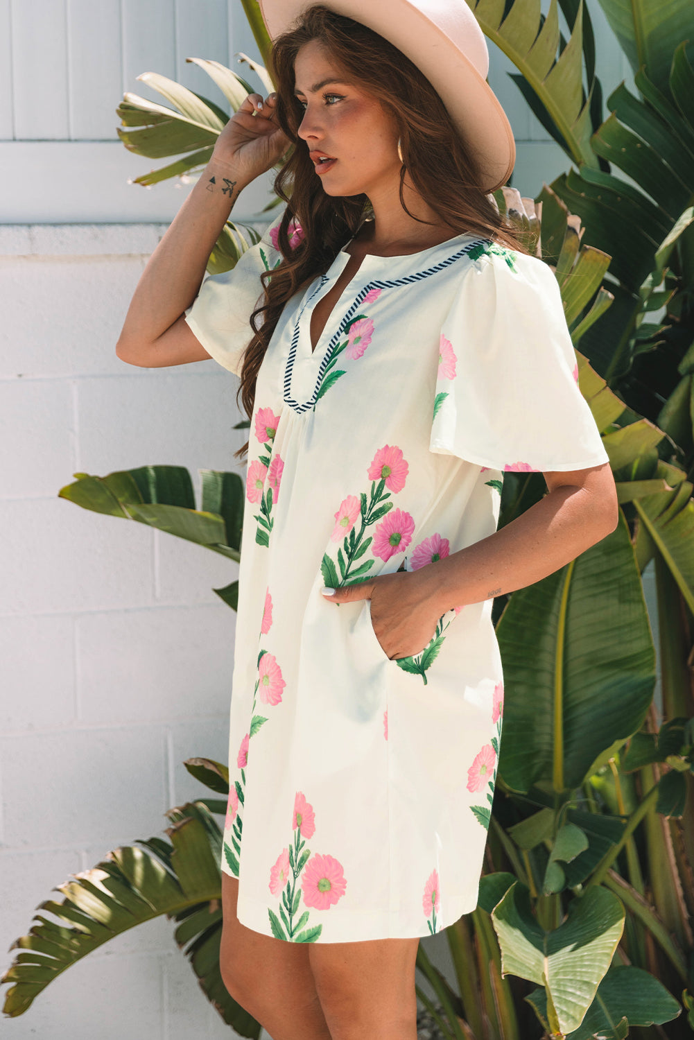 Floral Split Neck Mini Dress