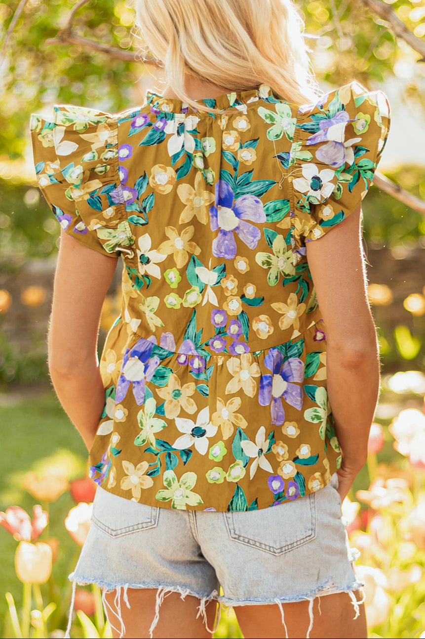 Floral Flutter Sleeve V-Neck Top