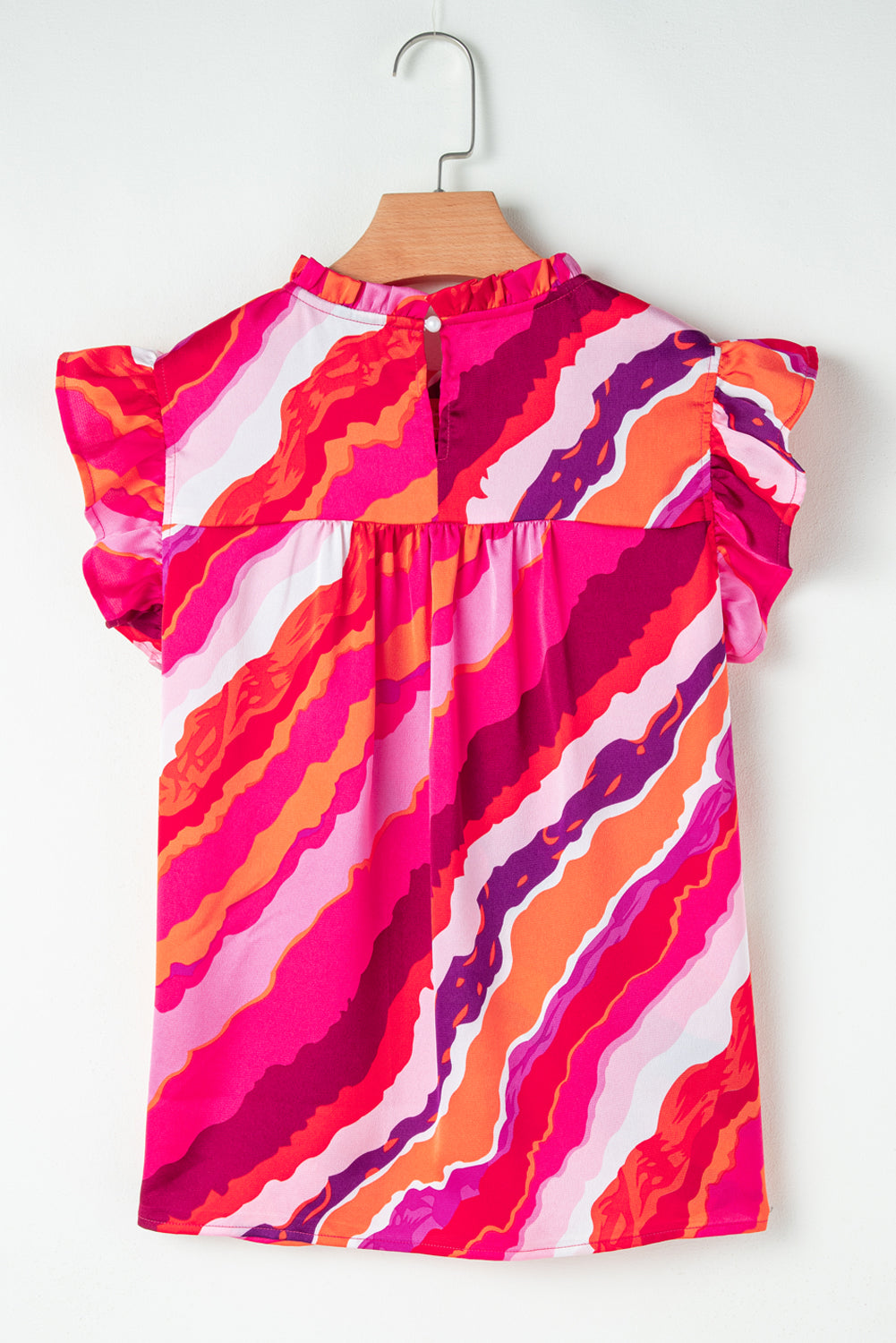 Abstract Shirred Ruffle Sleeve Blouse