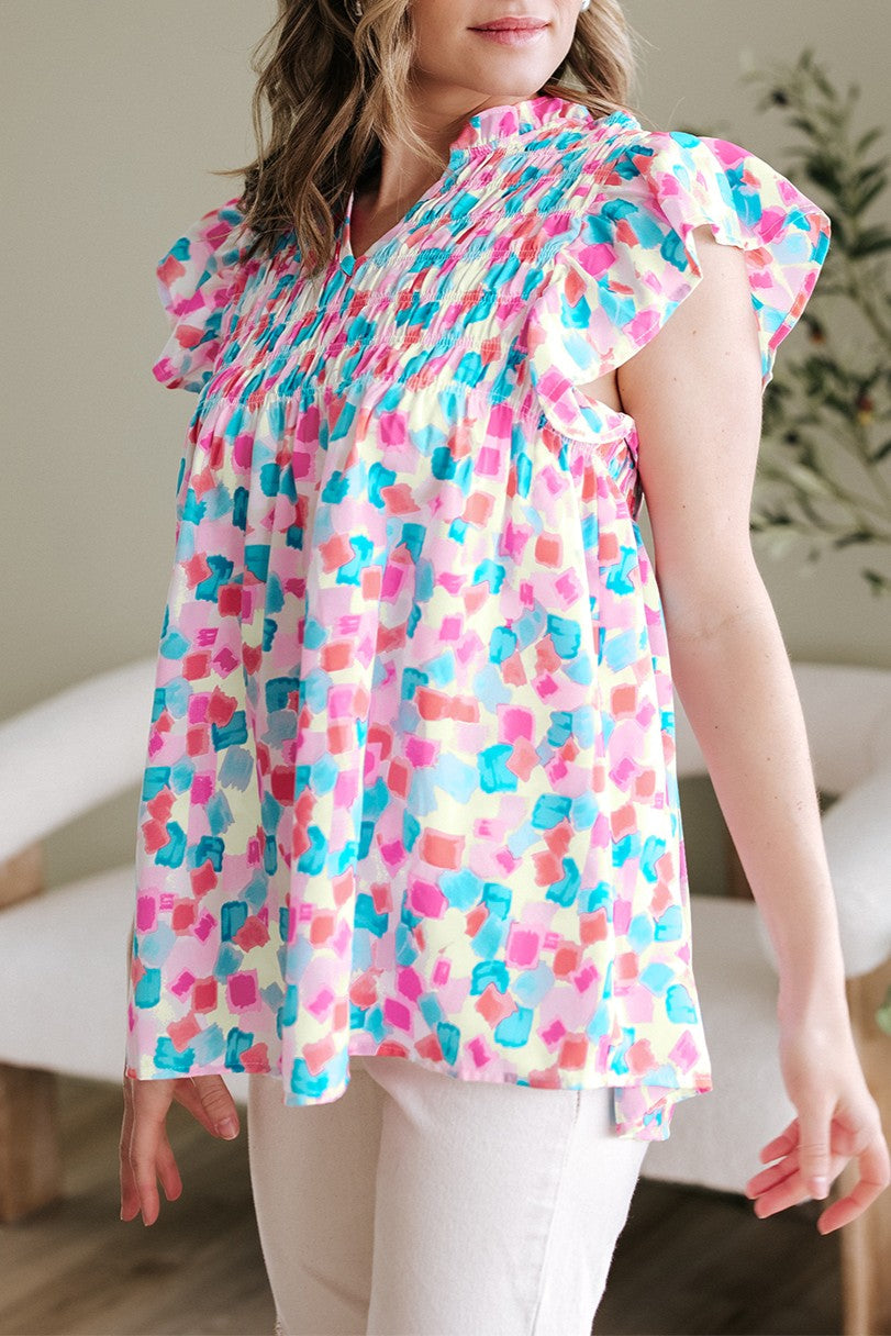 Abstract Shirred Ruffle Sleeve Blouse