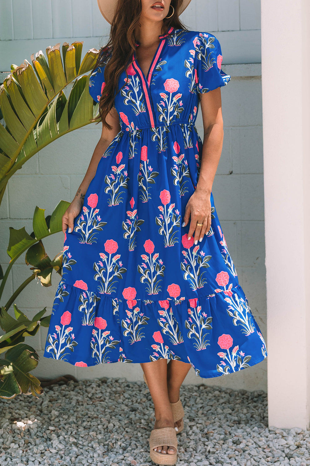 Floral Puff Sleeve V-Neck Midi Dress
