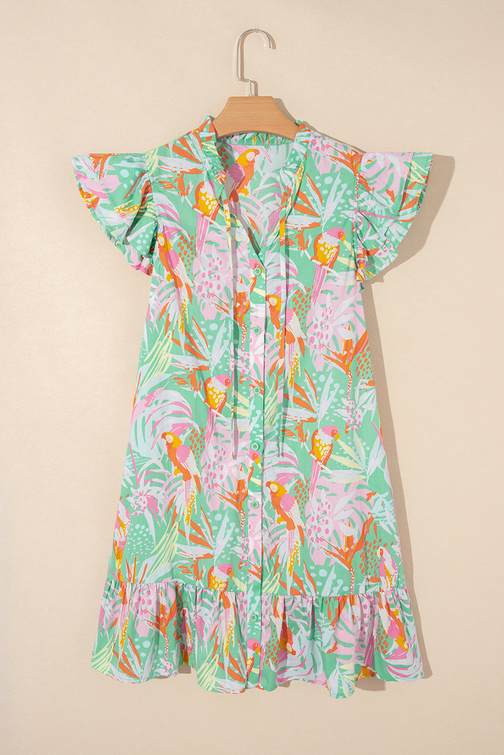 Abstract Floral Ruffle Buttoned Dress