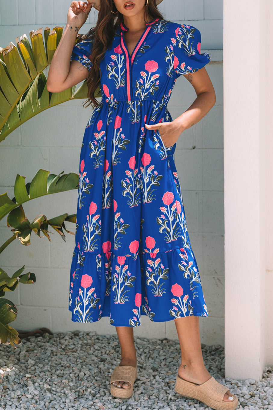 Floral Puff Sleeve V-Neck Midi Dress