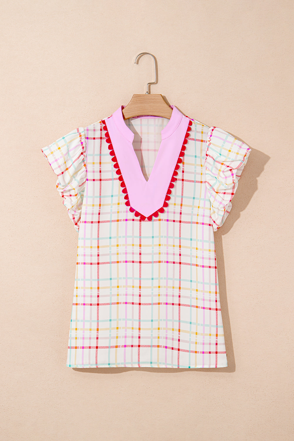 Plaid Colorblock Flutter Sleeve Blouse