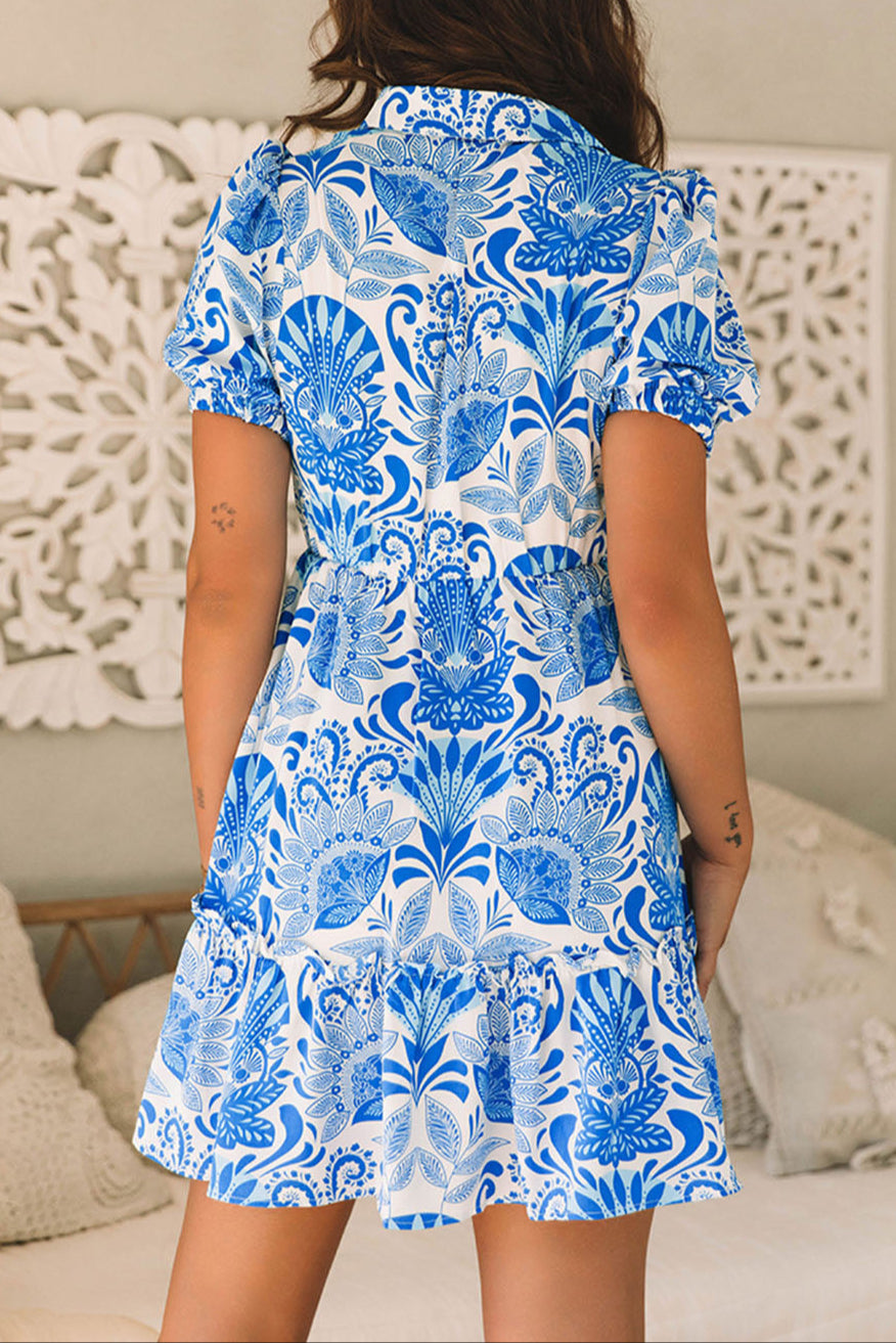Floral Ruffle Half Buttoned Dress