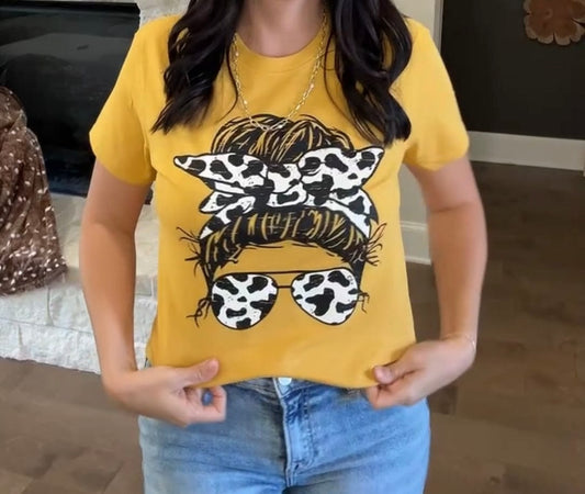 Cow Print Messy Bun Graphic Tee