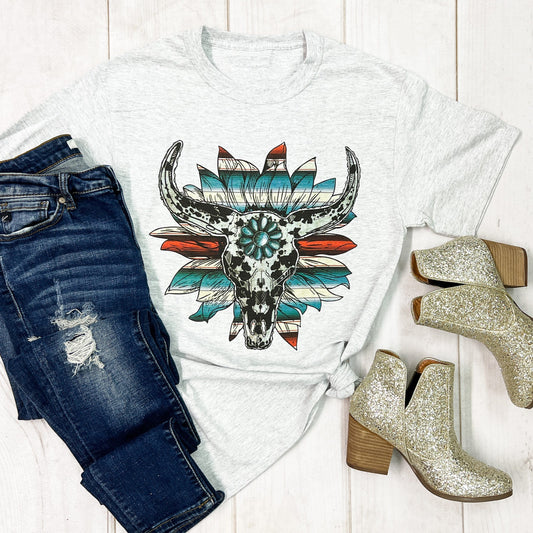 Cow Print Serape Turquoise Bullskull Flower Graphic Tee