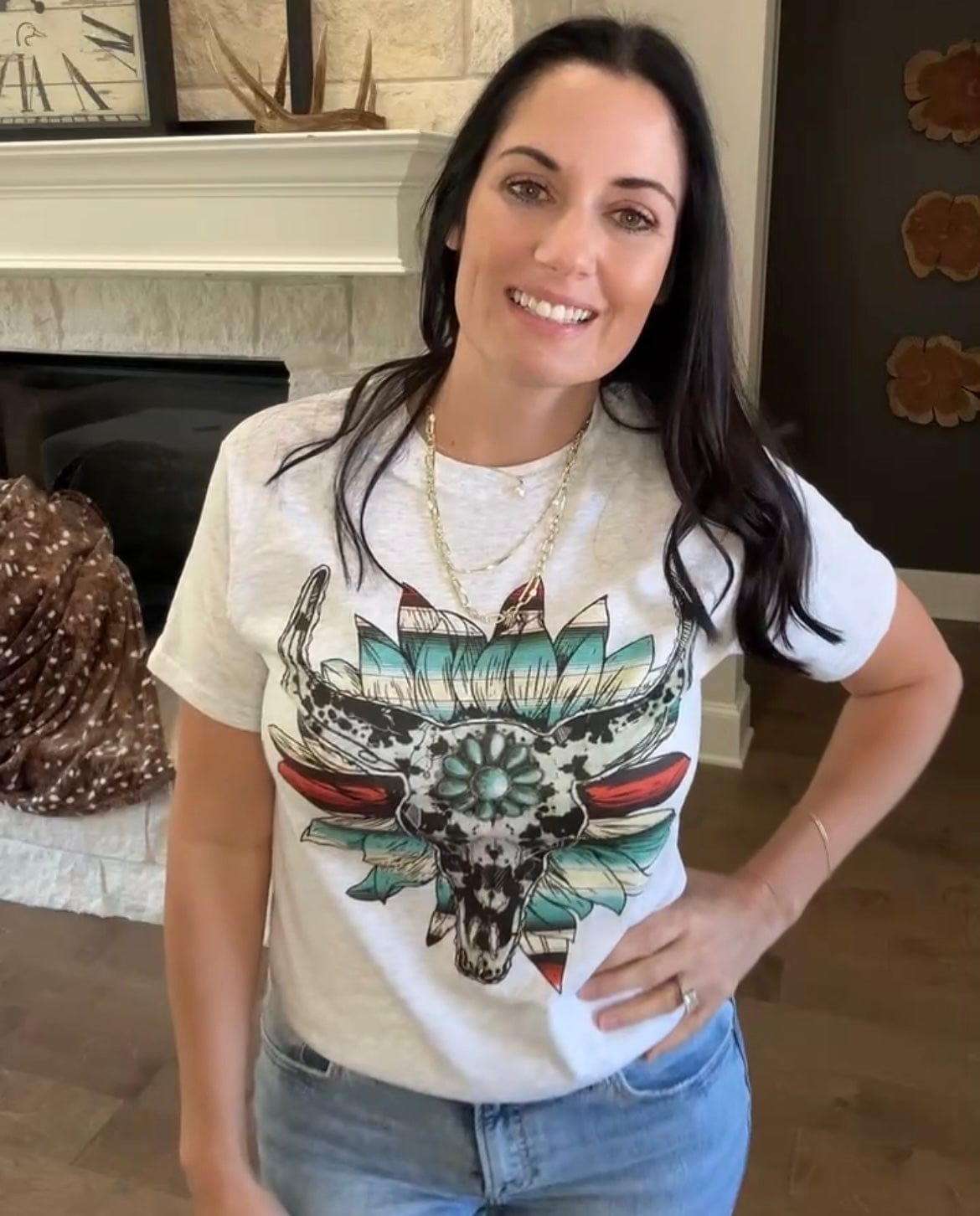Cow Print Serape Turquoise Bullskull Flower Graphic Tee