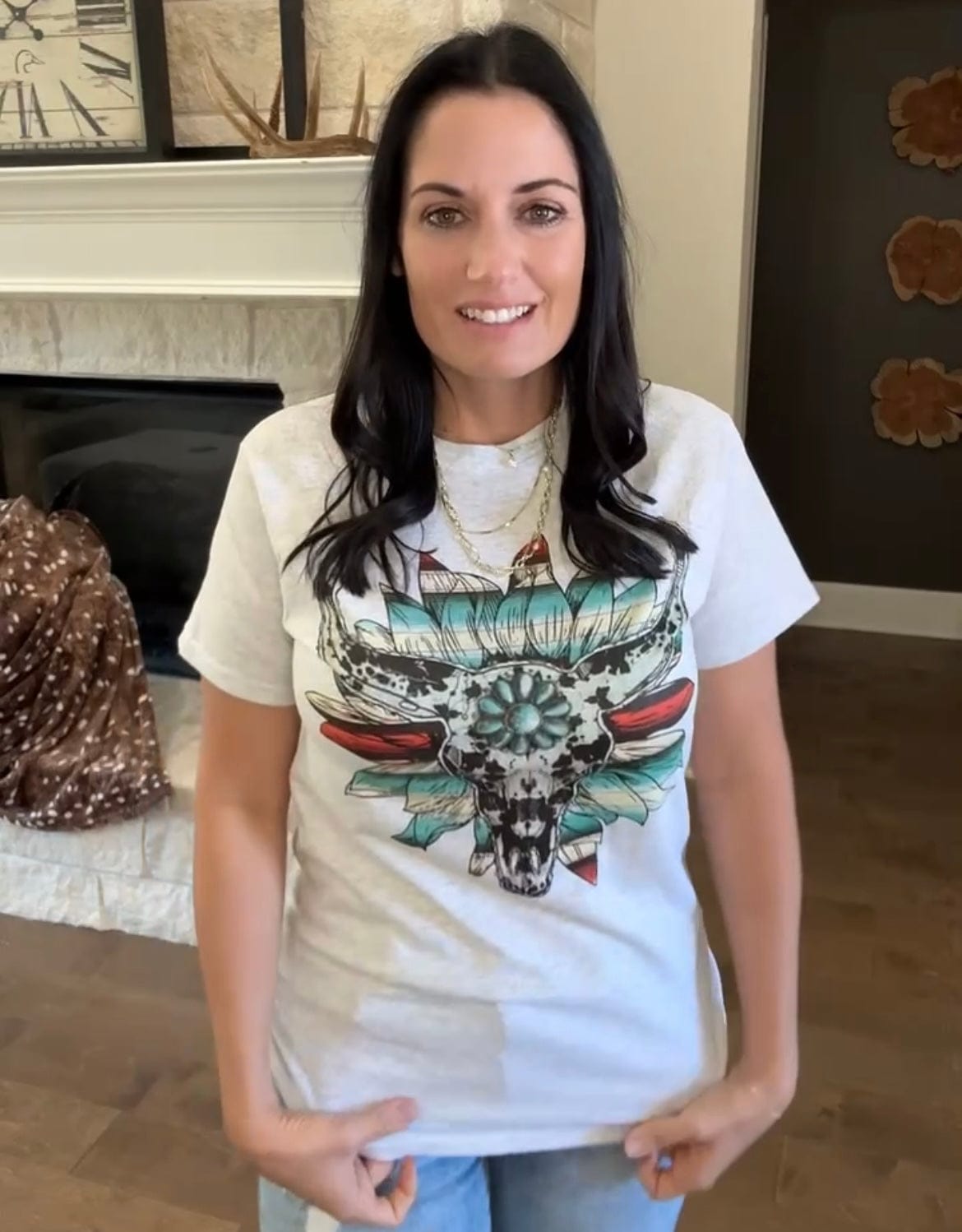 Cow Print Serape Turquoise Bullskull Flower Graphic Tee