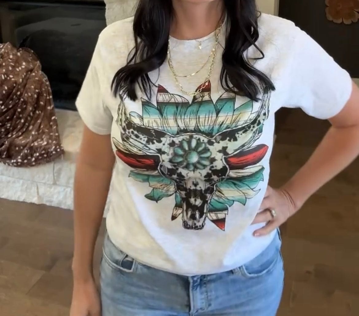 Cow Print Serape Turquoise Bullskull Flower Graphic Tee
