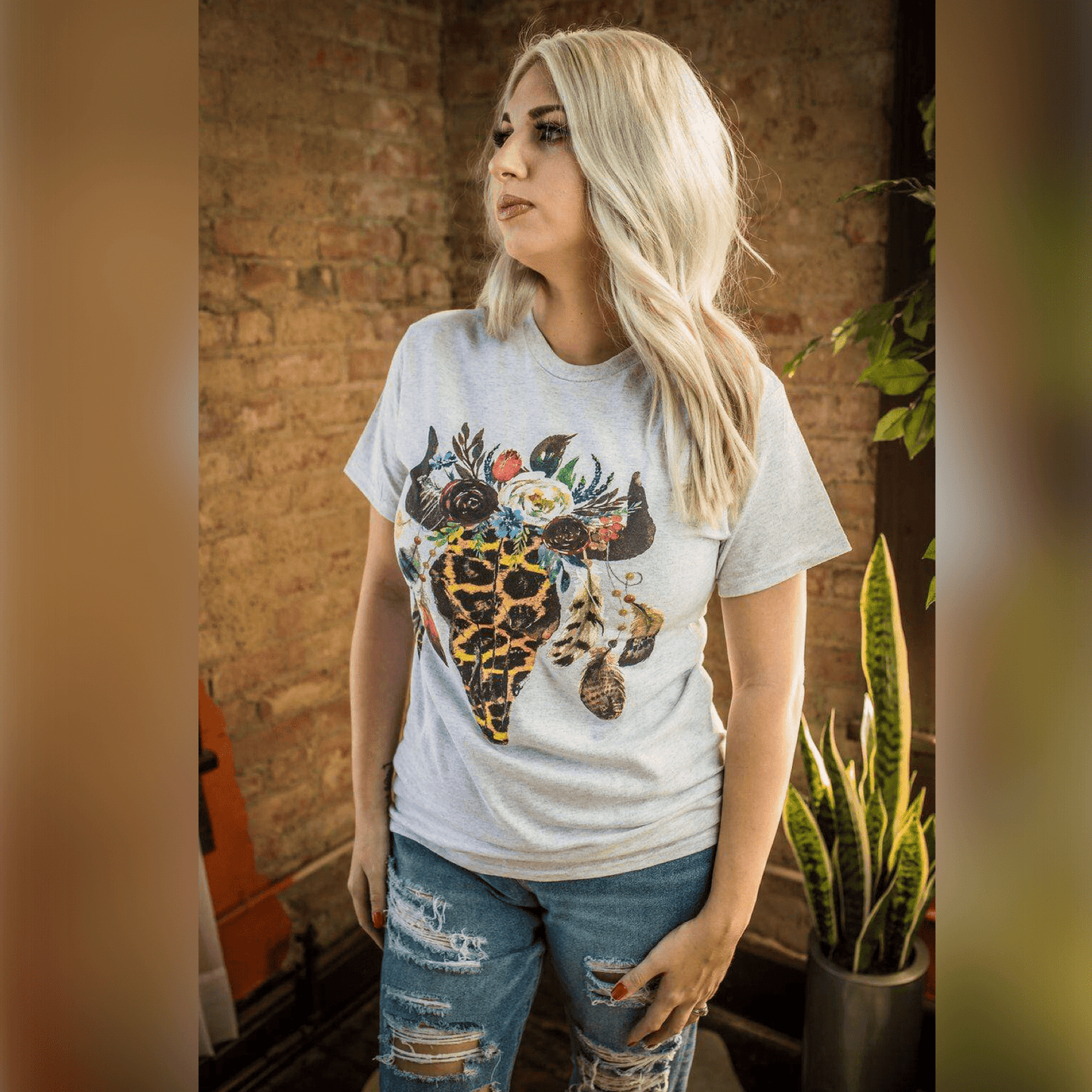 Leopard Floral Feather Bull Skull Graphic Tee