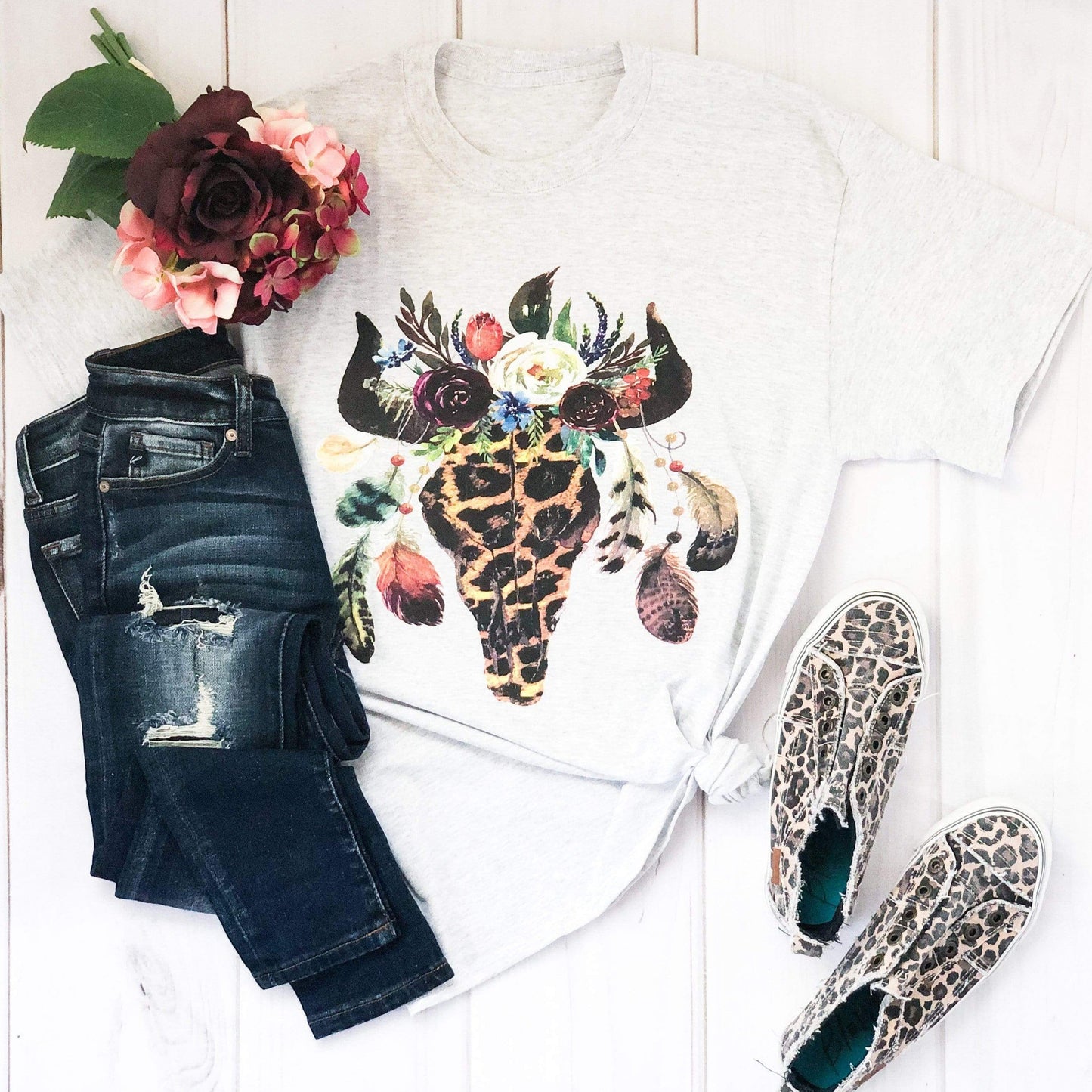 Leopard Floral Feather Bull Skull Graphic Tee