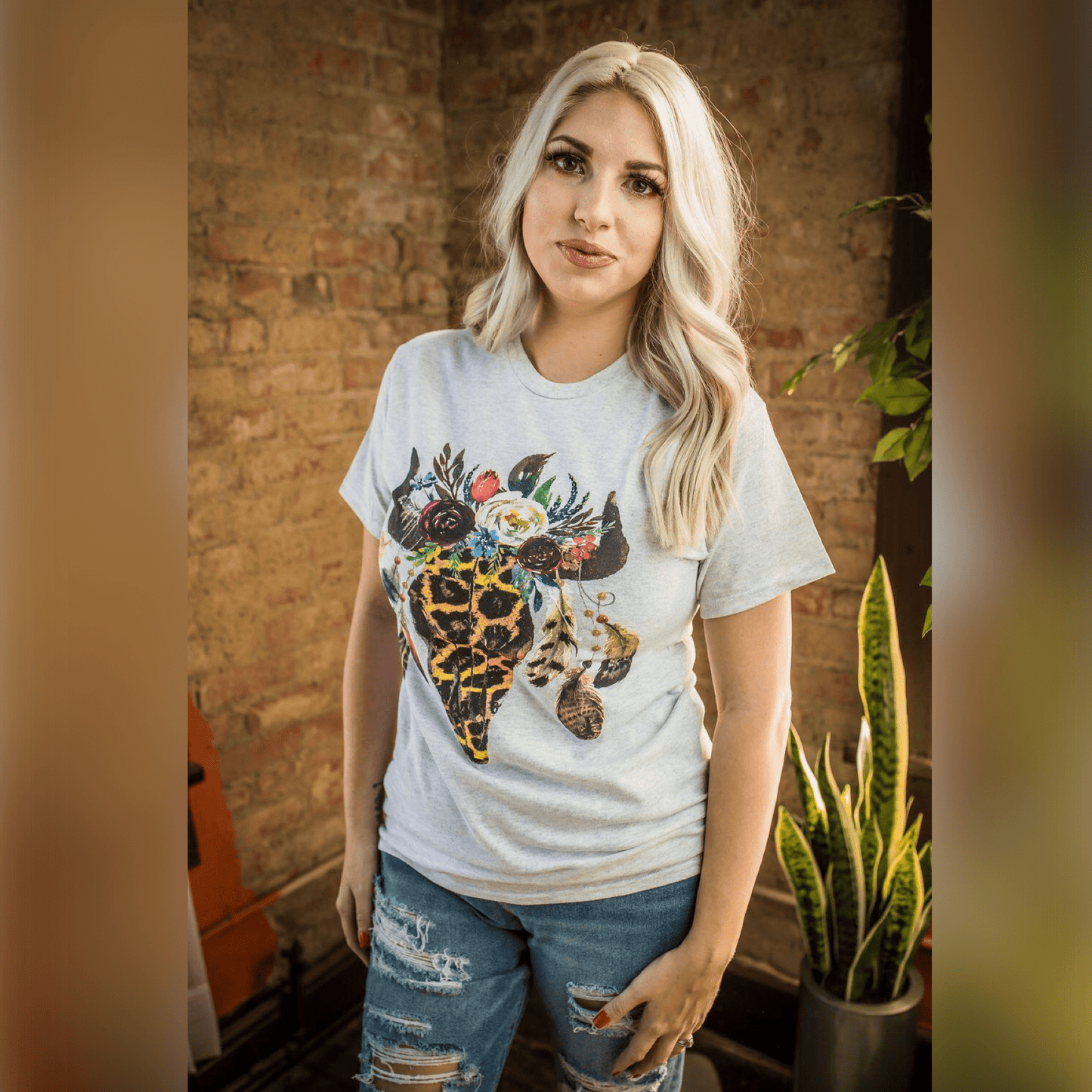 Leopard Floral Feather Bull Skull Graphic Tee