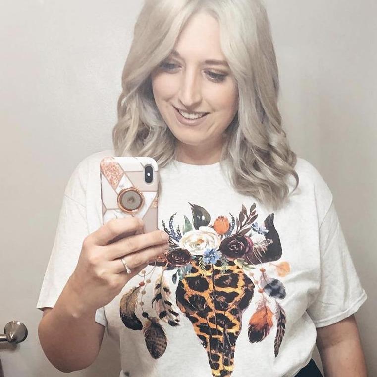 Leopard Floral Feather Bull Skull Graphic Tee