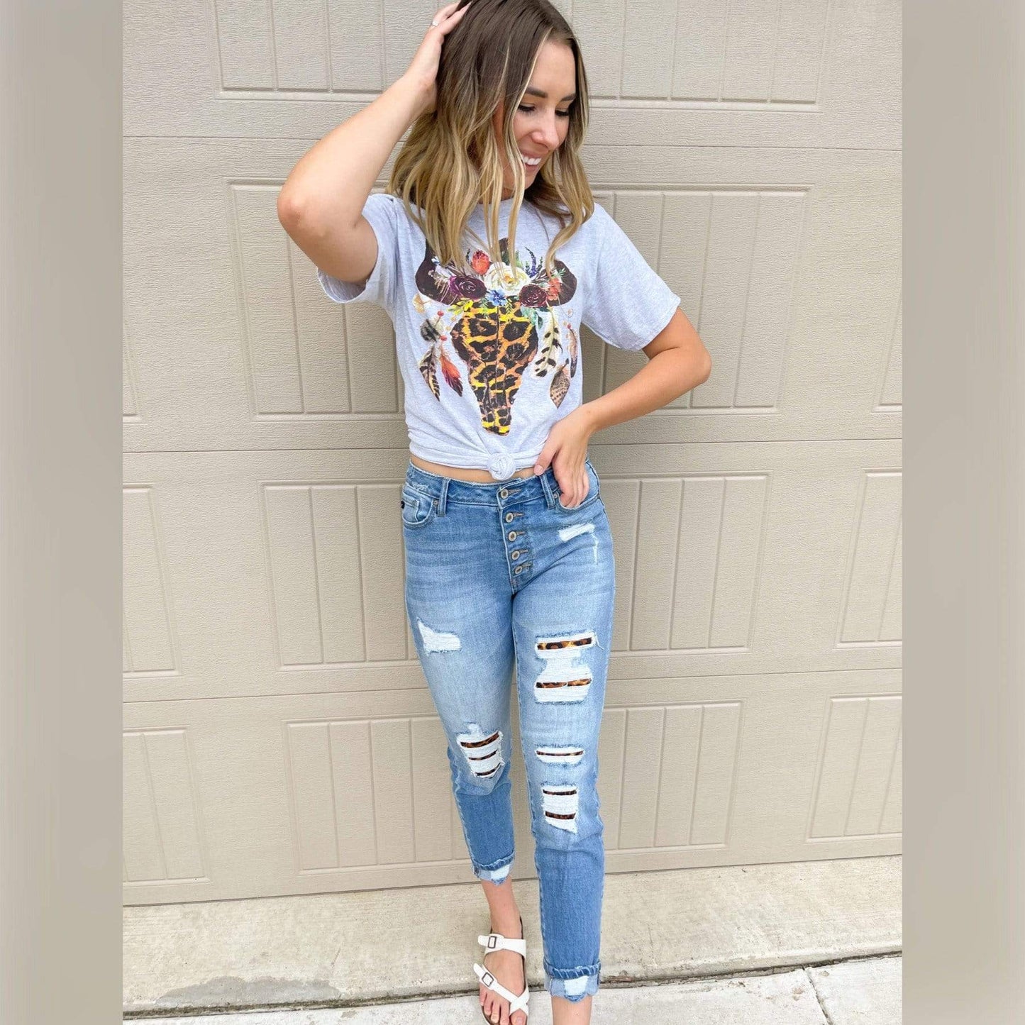 Leopard Floral Feather Bull Skull Graphic Tee
