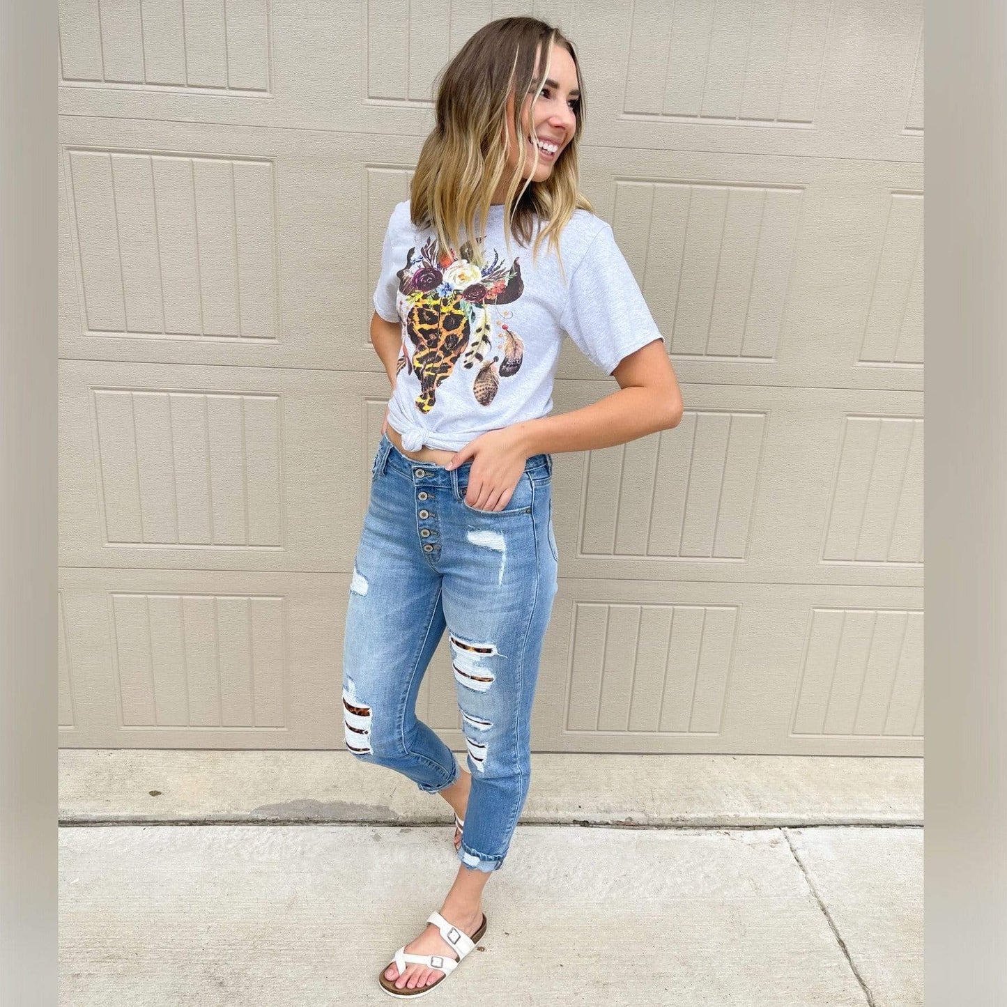 Leopard Floral Feather Bull Skull Graphic Tee