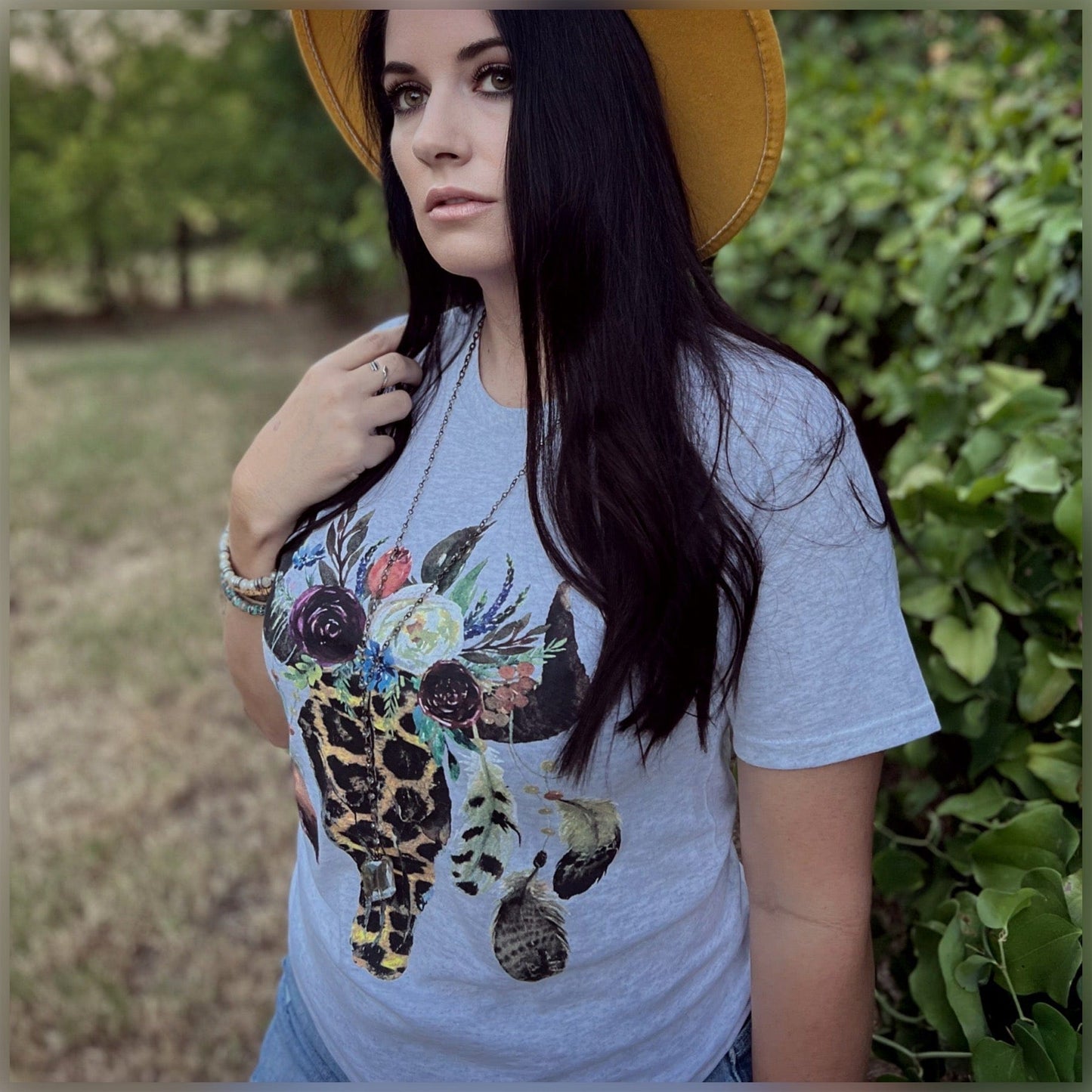 Leopard Floral Feather Bull Skull Graphic Tee