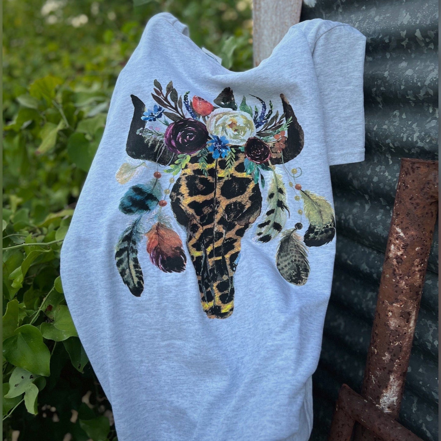 Leopard Floral Feather Bull Skull Graphic Tee
