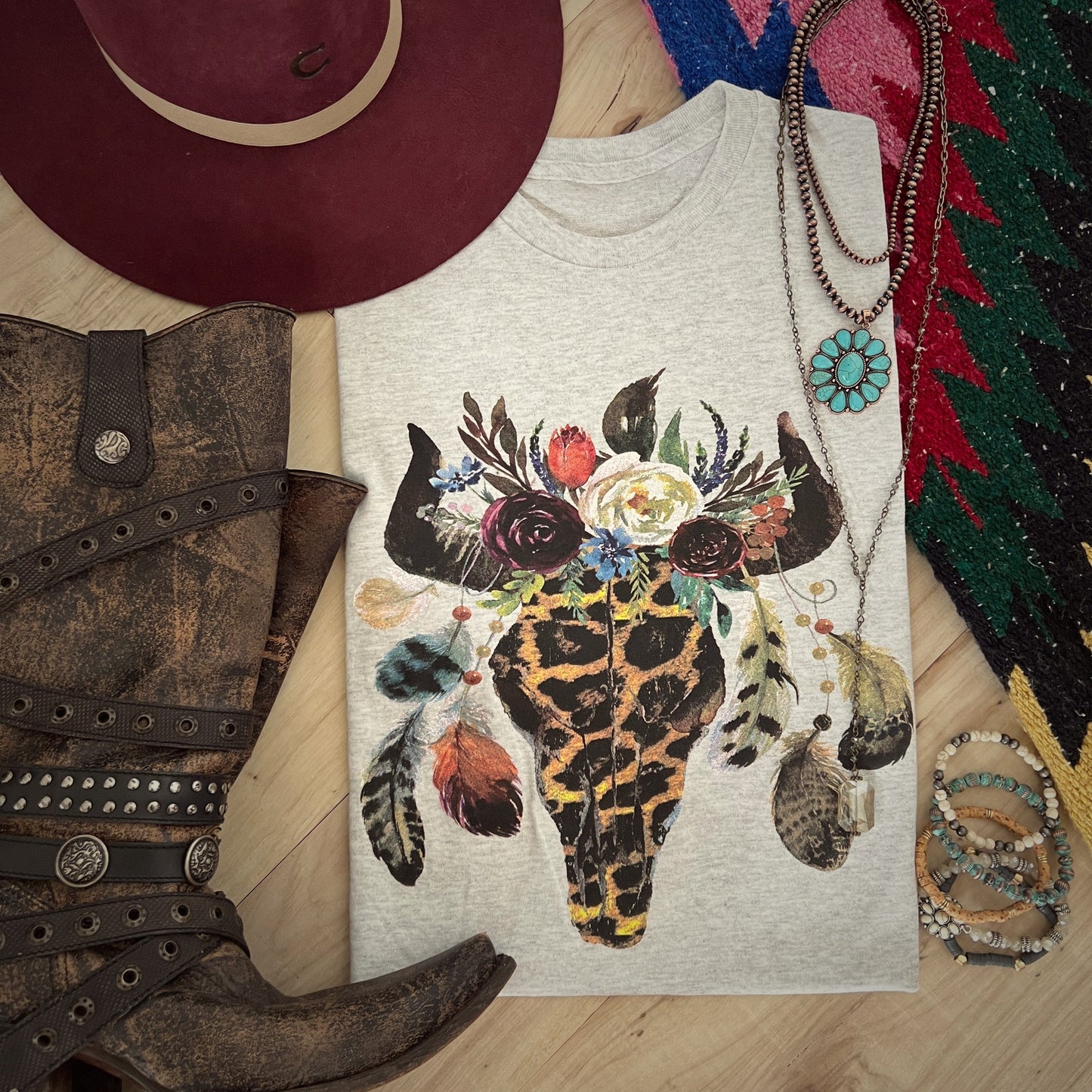 Leopard Floral Feather Bull Skull Graphic Tee