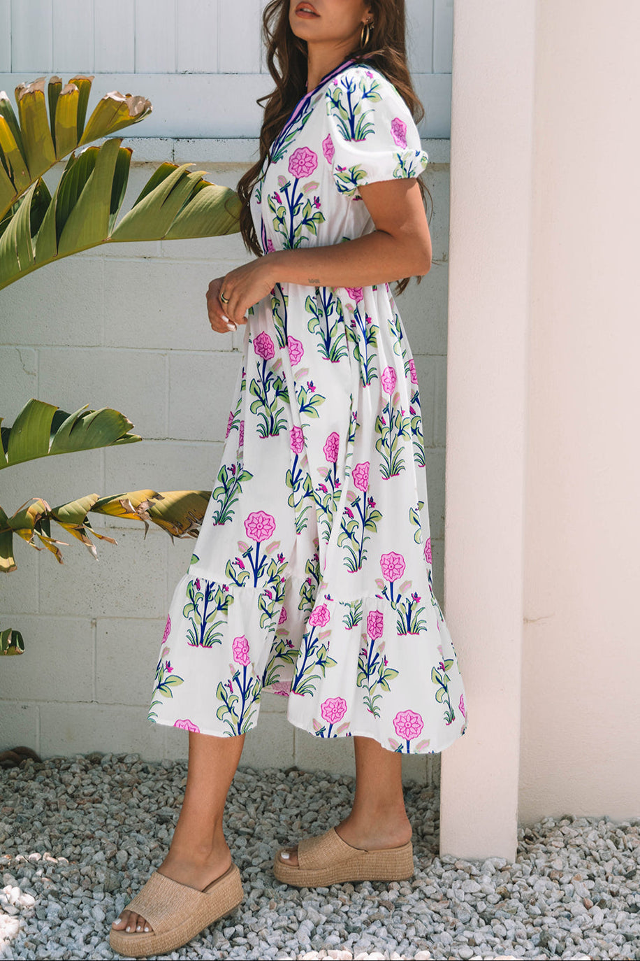 Floral Puff Sleeve V-Neck Midi Dress