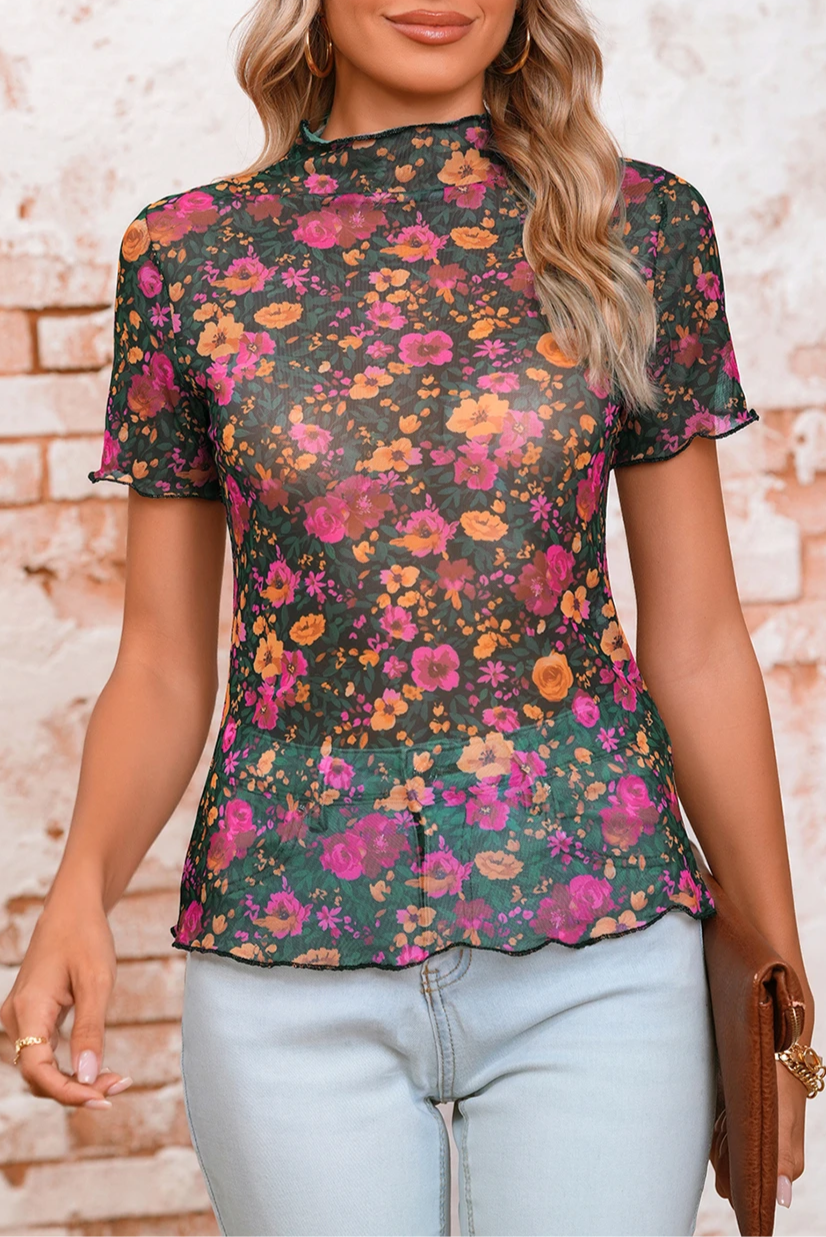 Floral Mesh Short Sleeve Top