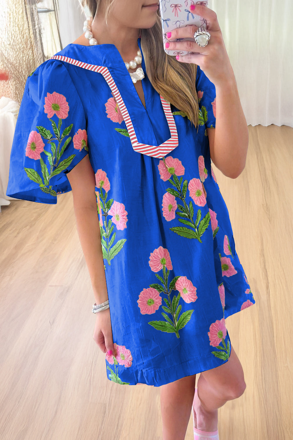 Floral Split Neck Mini Dress