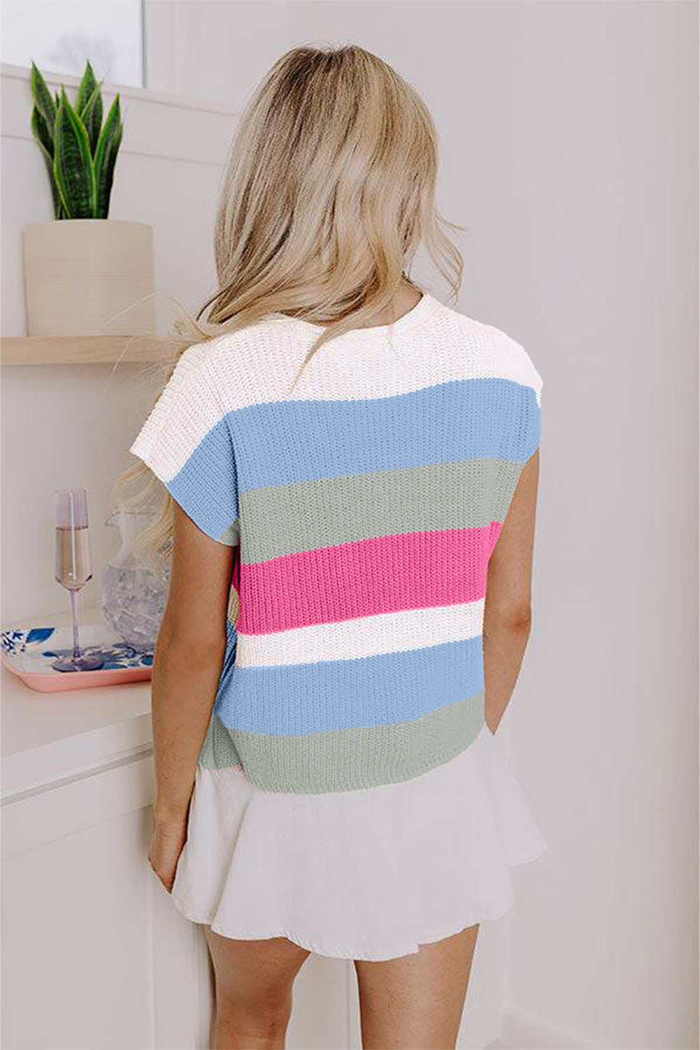 Colorblock Notched V-Neck Sweater T-Shirt