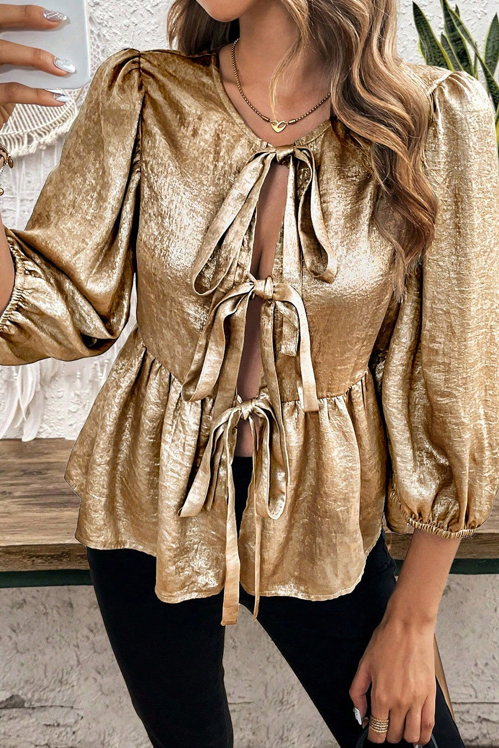 Metallic Bow Tie Front Peplum Blouse