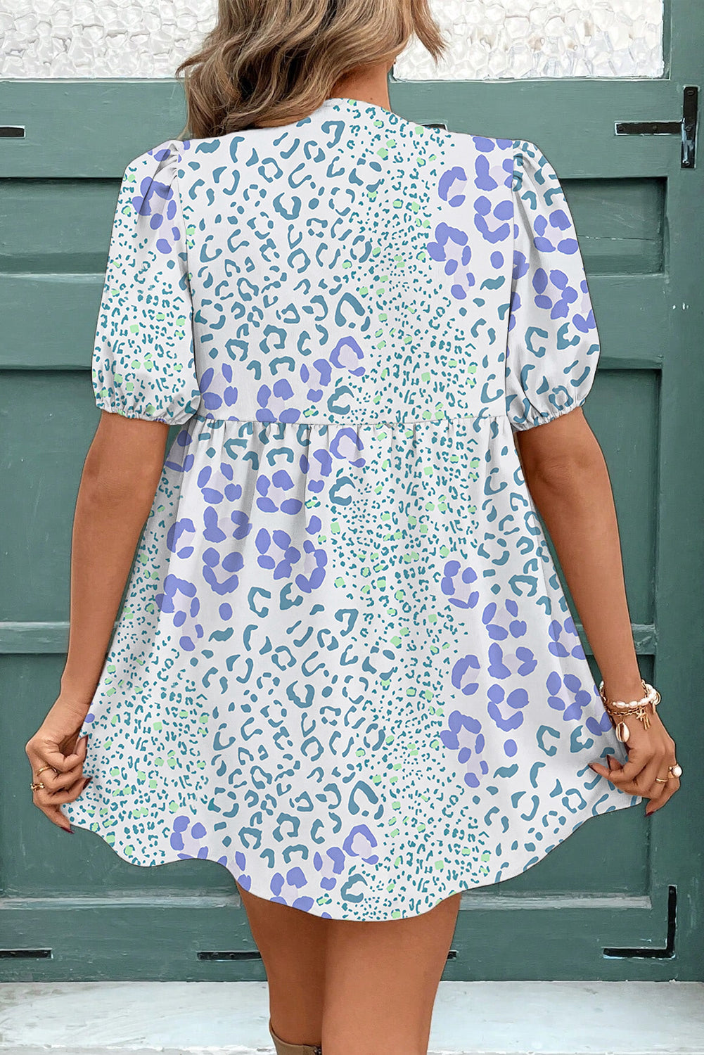 Leopard Contrast Bow Puff Sleeve Dress